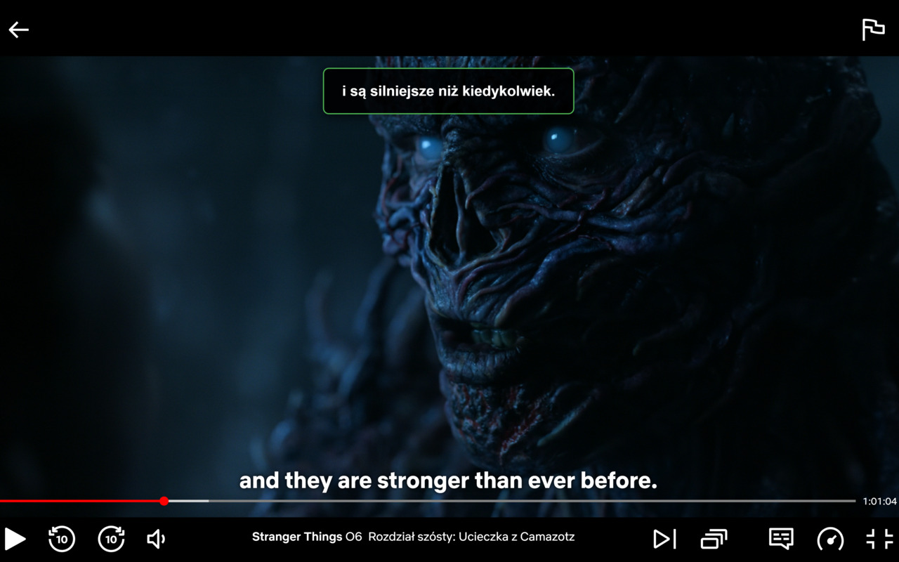 LinguaFlix showing Polish subtitle overlay on Stranger Things