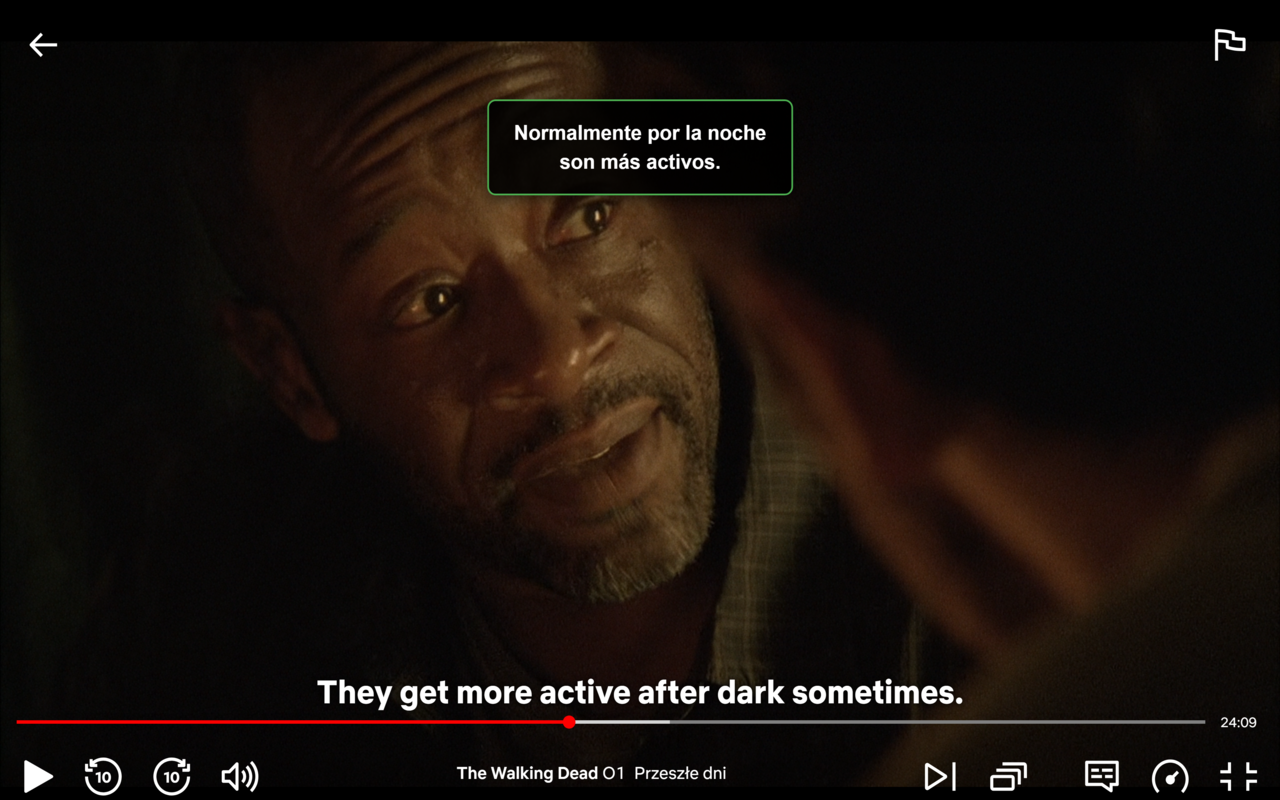 LinguaFlix showing Spanish subtitle overlay on The Walking Dead